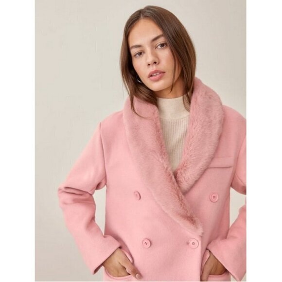 💕REFORMATION💕 Lester Coat ~ Faux Fur Shawl Collar Double Breasted Pink S NWT - Picture 6 of 15